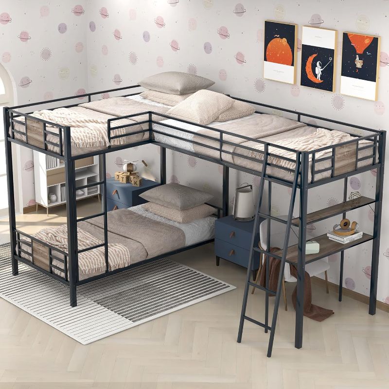 Photo 1 of *** PARTIAL SET*
Metal Triple Bunk Bed with Desk and Shelf, L-Shaped Bunk Bed for 3 Kids Teens Adults, Twin Over Twin Bunk Bed with a Twin Size Loft Bed Attached – Brown
