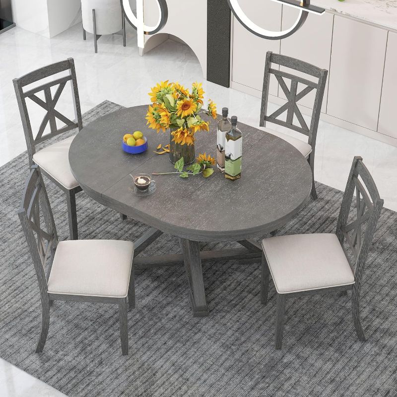 Photo 1 of ** PARTIAL SET.**
TREXM 5-Piece Retro Functional Dining Table Set Extendable Round Table and 4 Upholstered Chairs for Dining Room and Living Room (Grey) Grey + Solid Wood
