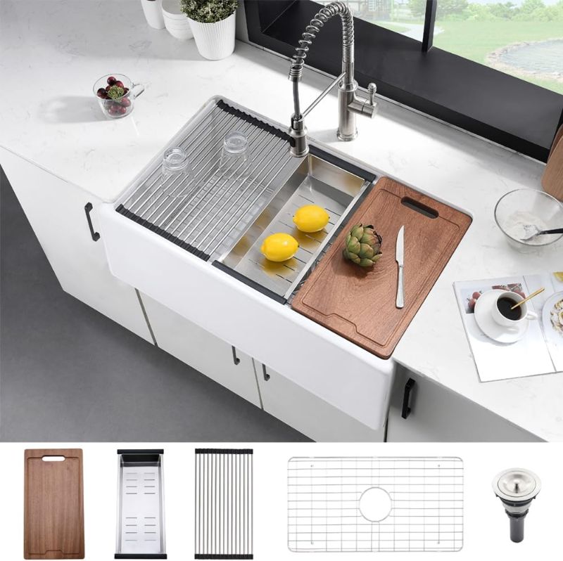 Photo 1 of 33 Inch Farmhouse Sink White Fireclay Workstation -HACHENL 30x22 Inch Apron Front Farmhouse Kitchen Sink White Farm Sink Porcelain Single Bowl Deep Barn Sink With Cutting Board
