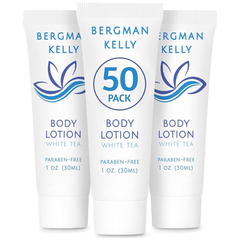 Photo 1 of *( Exp 06/15/2025)* BERGMAN KELLY Travel Body Lotion (1 fl oz, 50 PK, White Tea), Delight Your Guests with a Revitalizing and Refreshing Body Lotion, Quality Mini and Small Size Guest Hotel Toiletries in Bulk
