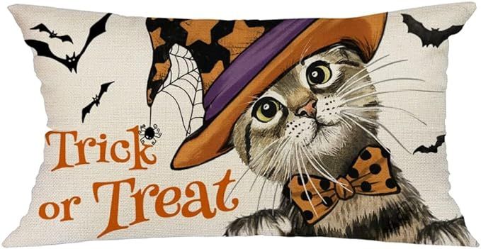 Photo 1 of AACORS Halloween Throw Lumbar Pillow Cover 12X20 Trick or Treat Cat Bats Decorations Farmhouse Autumn Decorative White Cushion Case Decor for Home Sofa Couch