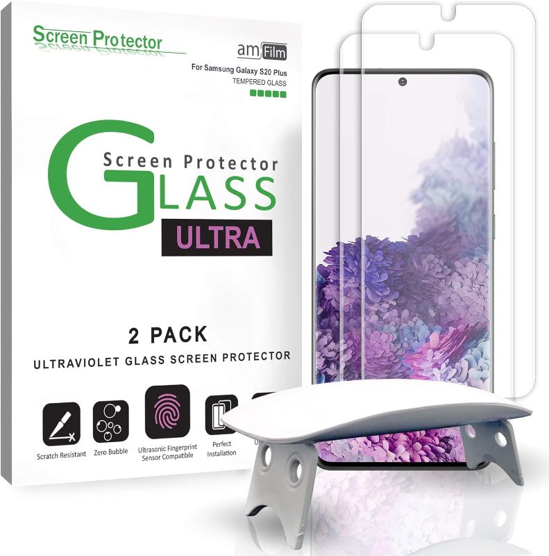 Photo 1 of amFilm Ultra Glass Screen Protector for Galaxy S20 Plus, Tempered Glass, 2 Pack