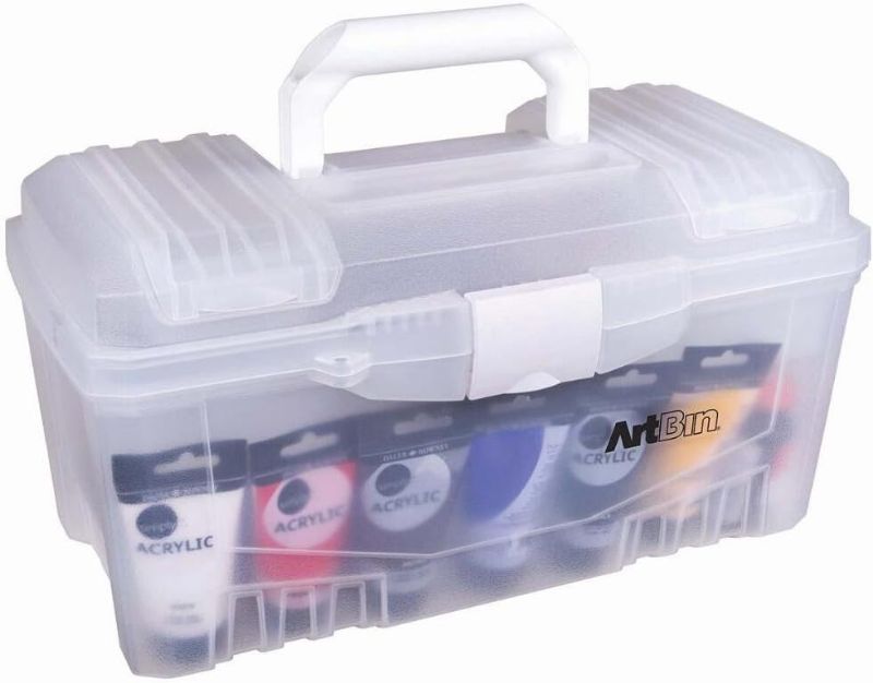 Photo 1 of ArtBin 6918AH Twin Top 17 inch Supply Box, Portable Art & Craft Supply Organizer with Handle, [1] Plastic Storage Case, Translucent, Clear