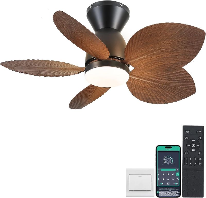 Photo 1 of 30 Inch Ceiling Fans with Lights, Indoor Outdoor Tropical Ceiling Fan with Remote/APP Control, Flush Mount Palm Leaf Ceiling Fan Light for Bedroom Kitchen, 6 Speeds, Dimmable - Brown
