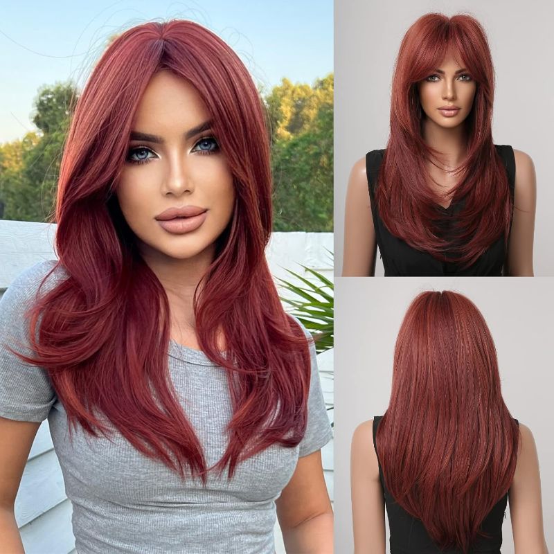 Photo 1 of 22Inch Long Brown Mixed Blonde Wig for Women Balayage Wig Long Wavy Brown Highlight Wig Layered Shoulder Length Synthetic Natural Heat Resistant Fiber Wigs for Party