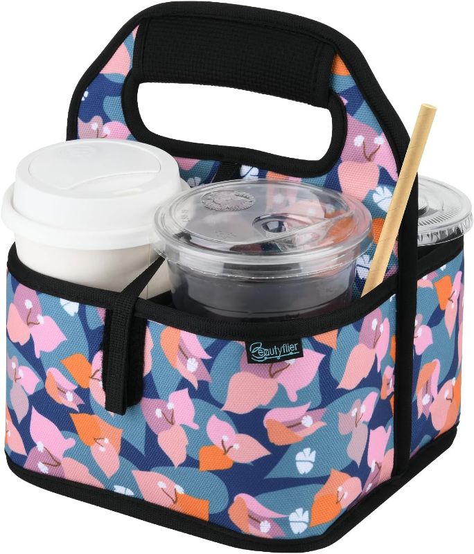 Photo 1 of Beautyflier Reusable Insulated Coffee Cup Carrier, Portable Drink Holder with Handle Organizer Tote Bag for Hot & Cold Drinks (Bougainvillea)