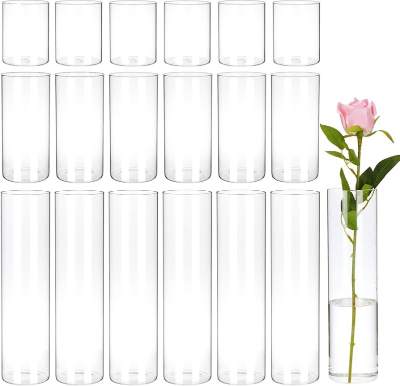 Photo 1 of *ONE GLASS BROKEN* CEWOR 18pcs Glass Cylinder Vase 4, 8, 12 Inch Glass Candle Holder for Wedding Centerpieces Tall Clear Vases Flower Vase for Home Decor Party 3 Different Sizes