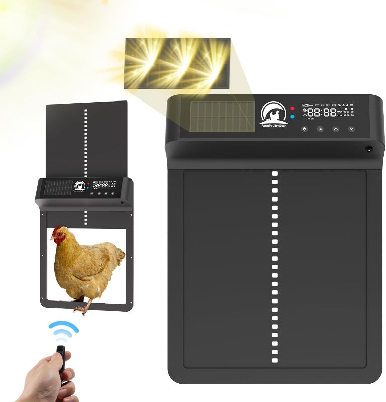 Photo 1 of Automatic Chicken Coop Door, 5000mAh Battery Solar Chicken Coop Door, 5 Modes Programmable Chicken Door with LCD Display/Light Sensor/Remote Control/Timer, Weatherproof Aluminum Anti-Pinch, Black
