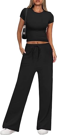 Photo 1 of ANRABESS Womens 2 Piece Sets Short Sleeve Crop Top & Wide Leg Pants Casual Linen Lounge Macthing Set 2024 Summer Beach Travel Outfits Trendy Clothes 1504heise-L, Large, Black