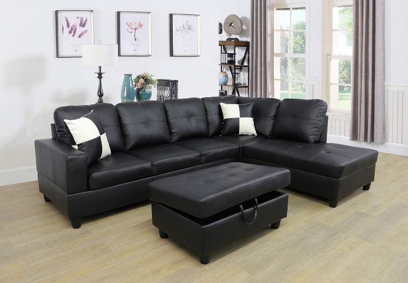Photo 1 of *MISSING PARTS*MINOR DAMAGE*  Ainehome 3 PCS Living Room Set, Sectional Sofa Set, L-Shape Couch in Home, with Storage Ottoman and Matching Pillows (Black,Right Hand Facing)