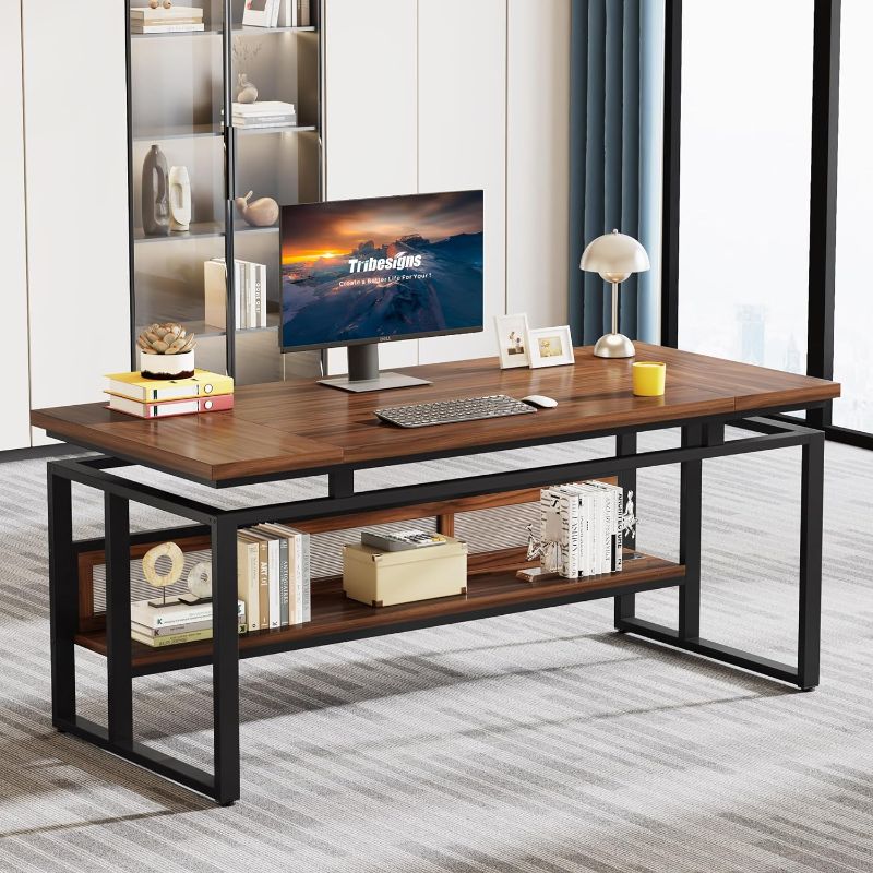 Photo 1 of * Missing Hardware* Minor Damage* Tribesigns 63" Executive Desk with Bottom Hidden Shelf, Large Computer Desk Office Desk with Thickened Board and Frame, Workstation Writing Table for Home Office, Rustic Brown & Black