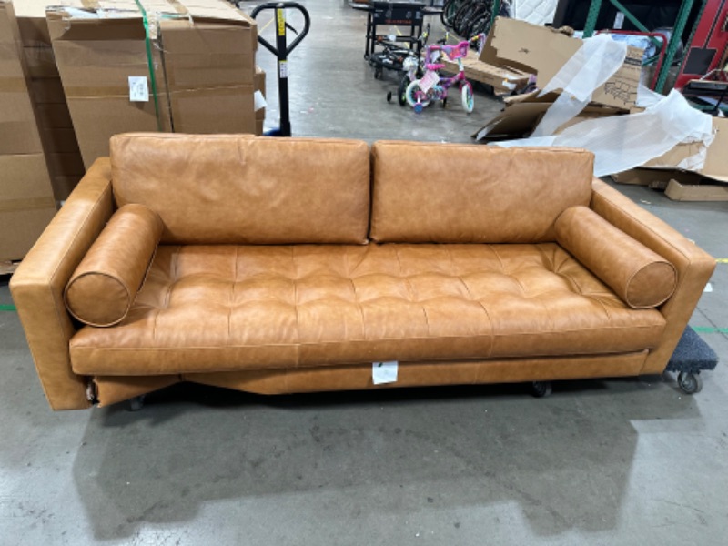 Photo 5 of **SEE NOTES**POLY & BARK Cognac Tan Brown Leather Couch - 88.5" Mid Century Leather Sofa with 2 Bolsters - Full Grain Camel Leather Couch - Feather-Down Topper On Seating Surface - Pure-Aniline Italian Leather
