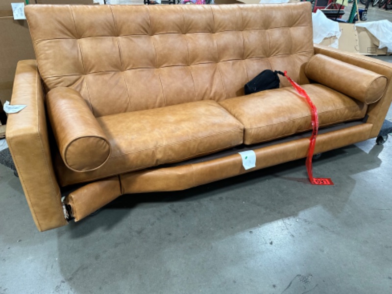 Photo 3 of **SEE NOTES**POLY & BARK Cognac Tan Brown Leather Couch - 88.5" Mid Century Leather Sofa with 2 Bolsters - Full Grain Camel Leather Couch - Feather-Down Topper On Seating Surface - Pure-Aniline Italian Leather
