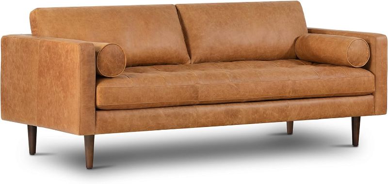 Photo 1 of **SEE NOTES**POLY & BARK Cognac Tan Brown Leather Couch - 88.5" Mid Century Leather Sofa with 2 Bolsters - Full Grain Camel Leather Couch - Feather-Down Topper On Seating Surface - Pure-Aniline Italian Leather
