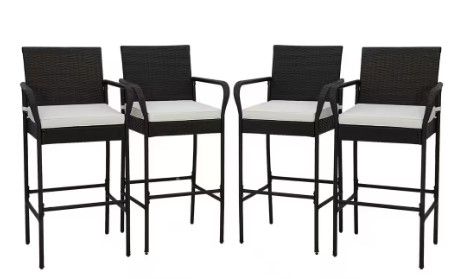 Photo 1 of **MISSING HARDWARE**  PE Wicker Patio Outdoor Bar Stool Counter Height Barstools with Armrests and Off White Cushions (4-Pieces)
