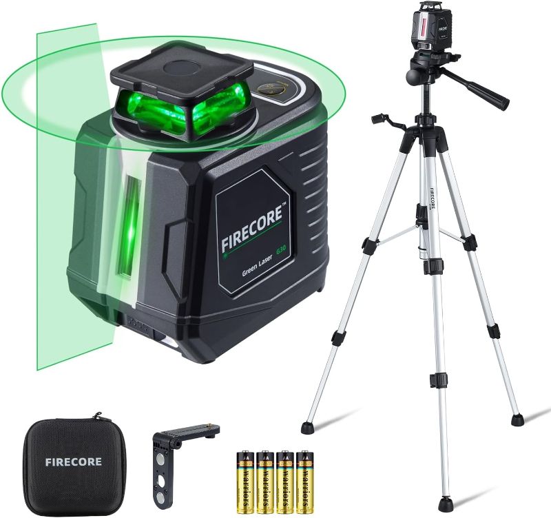 Photo 1 of **button that latches laser onto tripod is missing***
Firecore 360° Laser Level with Tripod, Green Self Leveling Cross Line Laser Tool with 3 Brightness Adjustment Pulse Mode for Floor Tile Wall Construction, L-Bracket, Batteries & Carry Pouch Included
