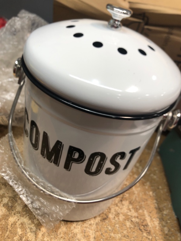 Photo 1 of  White Enamelware Compost Bucket, Farmhouse Compost Can Set with Lid and Charcoal Filters, 1.3 Gallon
