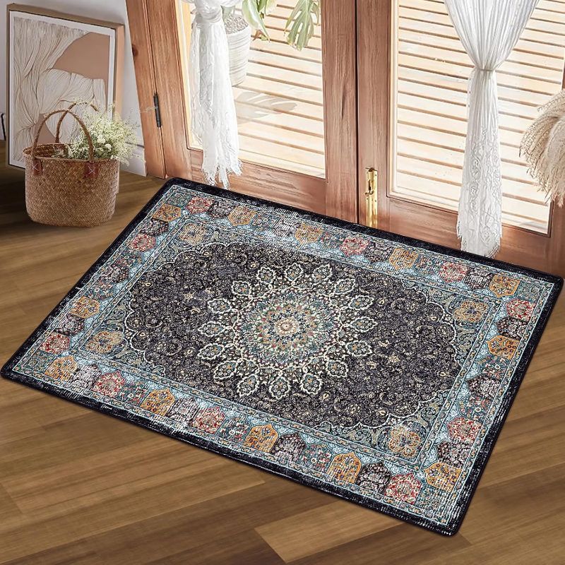 Photo 1 of 2x3 Boho Vintage Area Rug, Faux Wool Small Throw Rug Non Slip Bath Mat Washable Rug Distressed Low-Pile Floor Carpet Colorful Rugs for Bedroom Living Room Entryway Kitchen Laundry Bathroom