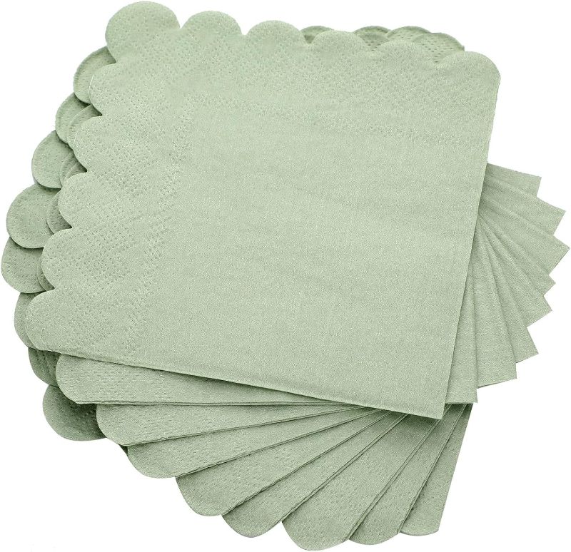 Photo 1 of 100 Pcs Scalloped Edged Cocktail Napkins Sage Green Square 3 Ply Paper Napkins Disposable Scalloped Napkins for Birthday Wedding Party, 5 x 5 Inch Folded
