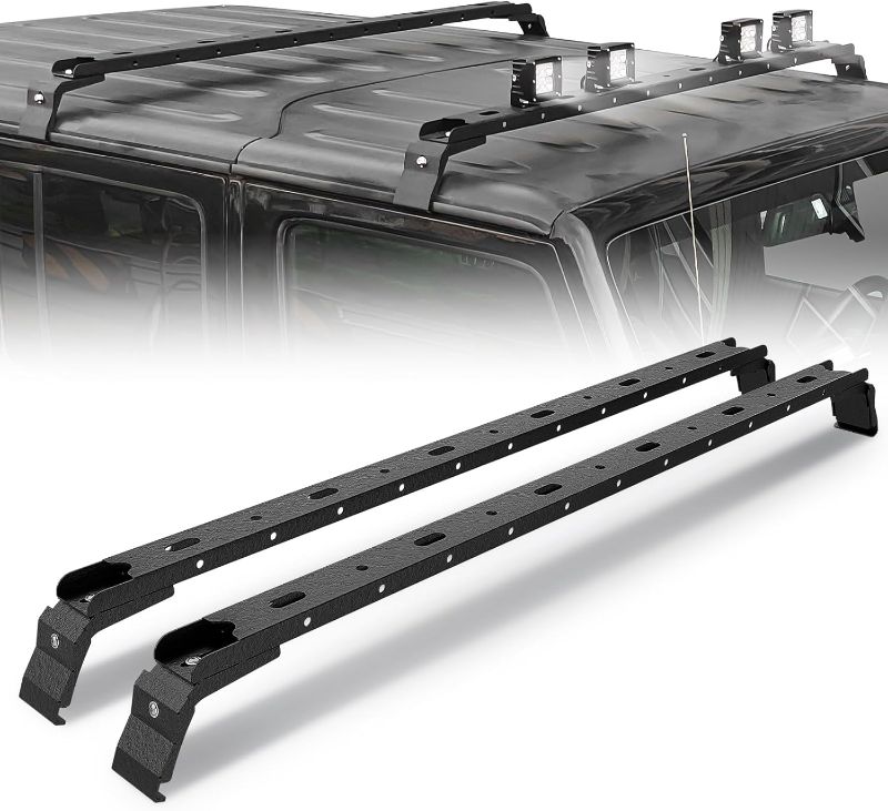 Photo 1 of 300 LBS Roof Rack Cross Bars with 4 Pcs LED Lights Bar Compatible for 2007-2024 Jeep Wrangler JK JKU JL JLU Unlimited & Gladiator JT Hardtop, Roof Rail Crossbars Cargo Carrier Rooftop Luggage
