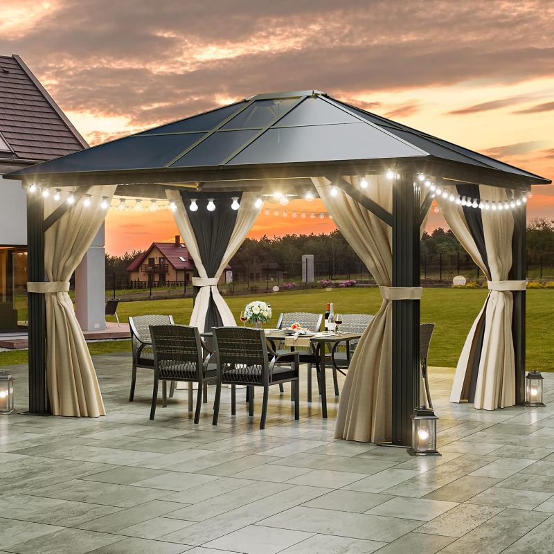 Photo 1 of *INCOMPLETE SET BOX 1/3* YITAHOME 10x12 ft Gazebo Hardtop Outdoor Canopy with Netting and Shaded Curtains, Aluminum Frame Polycarbonate Hardtop Garden Tent for Patio, Backyard, Deck and Lawns (10x12 ft)
