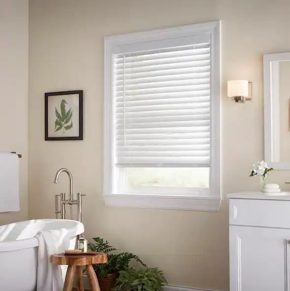 Photo 1 of (READ FULL POST) White Cordless Faux Wood Blinds for Windows with 2 in. Slats - 59in. W x 72 in. L (Actual Size 33.5 in. W x 72 in. L)
