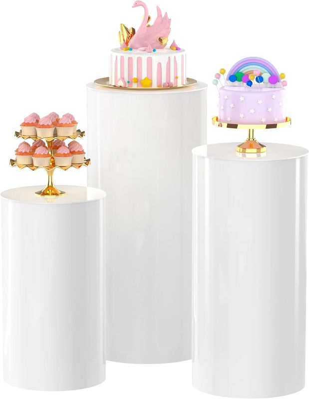 Photo 1 of Asee'm White Round Cylinder Pedestal Stands Display 3PCS Pedestal Decor Backdrop Dessert Table Pillars for Party Birthday Wedding Props Baby Shower Event Decoration