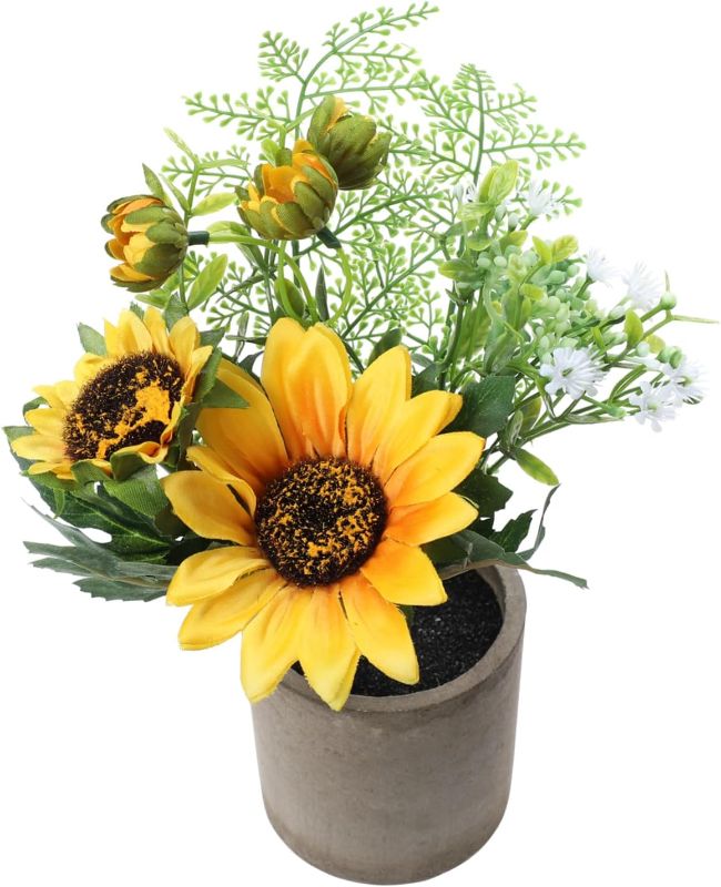 Photo 1 of ARTIBETTER Simulated Sunflower Pot Faux Potted Plants Artificial Mini Flower with Vase Fake Potted Plants Artificial Green Plants Vintage Decor Flower Arrangement Household Plastic Office
