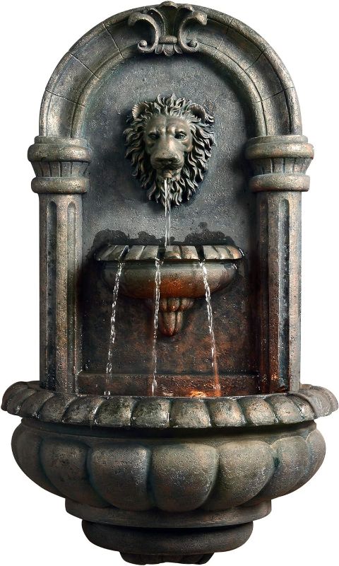 Photo 1 of (MINOR DAMAGE/ SEE NOTES) Teamson Home 32.1 in. Wall-Mounted Lion Head Stone LED Outdoor Water Fountain for Gardens, Landscaping, Patios, Balconies, Lawns to Create a Calming Oasis in Outdoor Living Spaces, Antique Bronze
