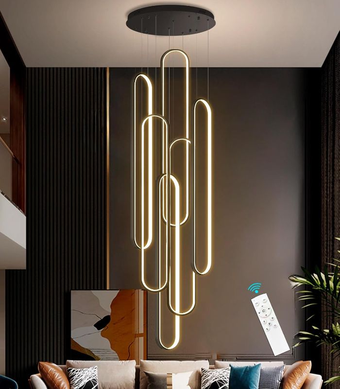 Photo 1 of 6-Rings Modern Chandelier, LED Black Large Contemporary Light for Staircase, Dimmable Flush Mount High Ceiling Chandeliers with Remote Control for Villa Foyer