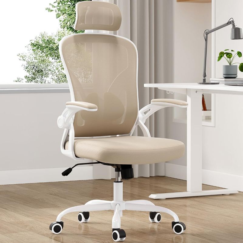 Photo 1 of **missing hardware** Office Chair Ergonomic High Back Desk Chair with Lumbar Support, Breathable Mesh, Adjustable Headrest, Flip-Up Armrests - Ideal Computer Chair for Home Office Beige.
