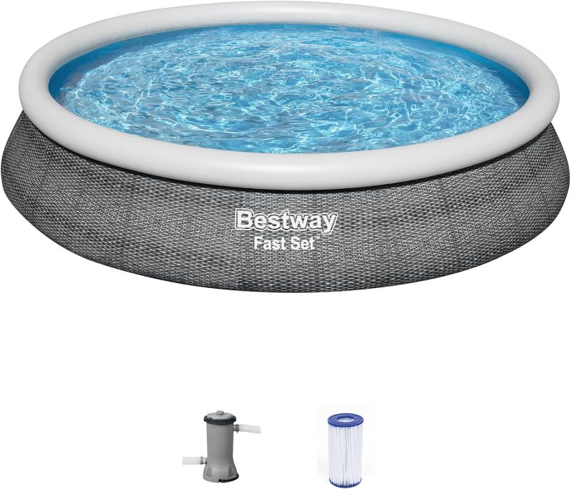 Photo 1 of 
Bestway Fast Set 15' x 33" Round Inflatable Outdoor Above Ground Swimming Pool Set with 530 Gallon Filter Pump and Repair Patch, Gray Rattan
Size:15ft. X 33in.
Color:Gray Wicker