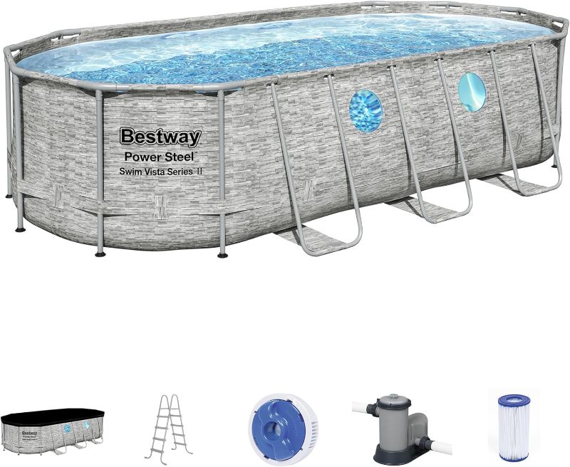 Photo 1 of 
Bestway Power Steel Swim Vista Series II 18' x 9' x 48" above Ground Outdoor Swimming Pool Set with 1500 GPH Filter Pump, Ladder, and Pool Cover
Size:18' x 9' x 48"