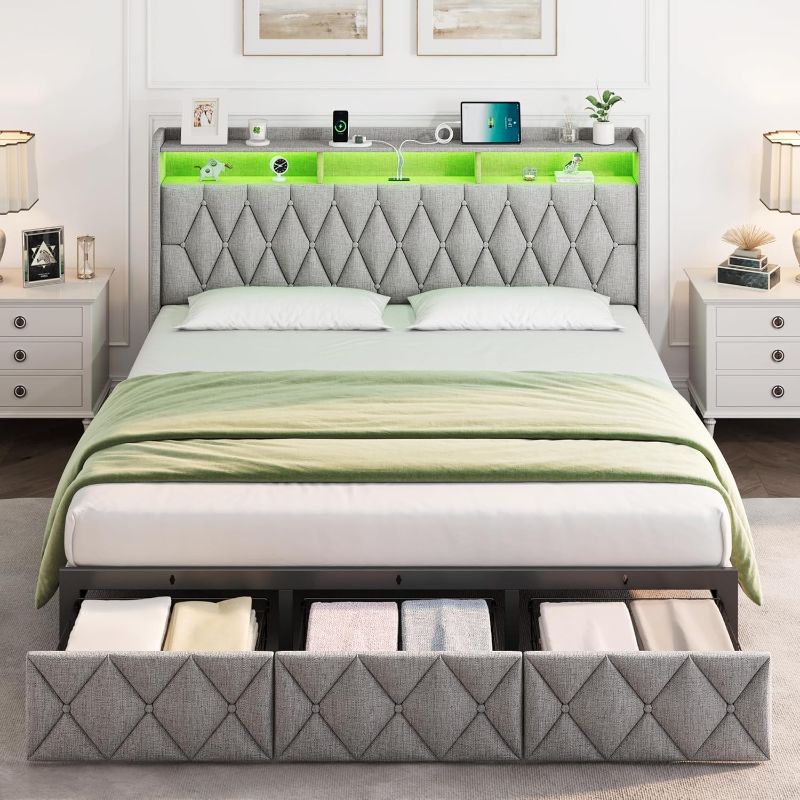 Photo 1 of **NOT EXACT SAME AS STOCK PHOTO** MEIJUJIA King Size Bed Frame with 3 Storage Drawers,Upholstered King Bed Frame with Charging Station and LED Lights Headboard,No Box Spring Needed, Easy...
Size:King (U.S. Standard)
Color:Light Beige