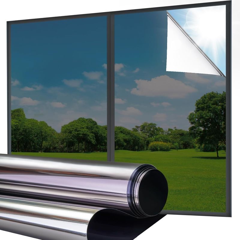 Photo 1 of Coavas One Way Privacy Window Film Window Tint for Home Heat Control Sun Blocking Reflective Mirror Window Film Daytime Privacy Anti UV Non-Adhesive Static Cling, Black Silver 45.2 x 157.5 Inch