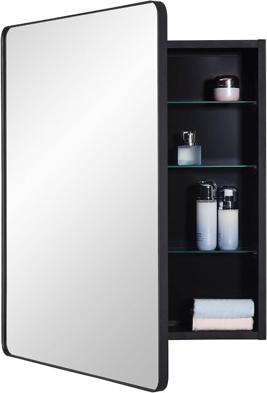 Photo 1 of 
IDYLLOR Black Bathroom Mirror Medicine Cabinet with Round Corner Framed Door 24 x 30 inch, Recessed or Surface Mount, with Adjustable Glass Shelves
Size:24 x 30 inch