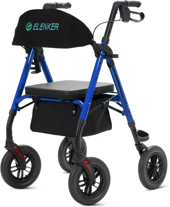 Photo 1 of 
ELENKER All-Terrain Rollator Walker with 10” Non-Pneumatic Wheels, Sponge Padded Seat and Backrest, Fully Adjustment Frame for Seniors, Blue
Color:Blue