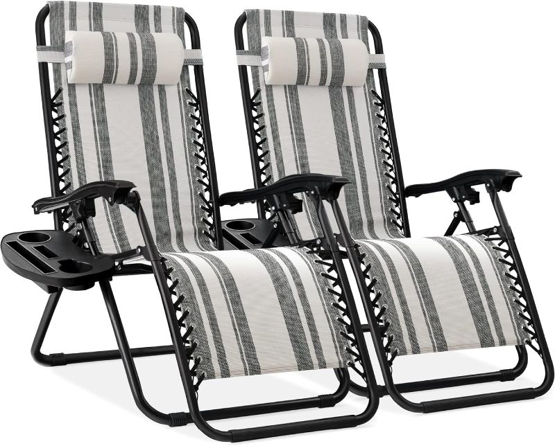 Photo 1 of 
Photo for Reference Only**Best Choice Products Set of 2 Adjustable Steel Mesh Zero Gravity Lounge Chair Recliners w/Pillows and Cup Holder Trays - Gray Stripes
Color:Gray Stripes
Size:Set of 2