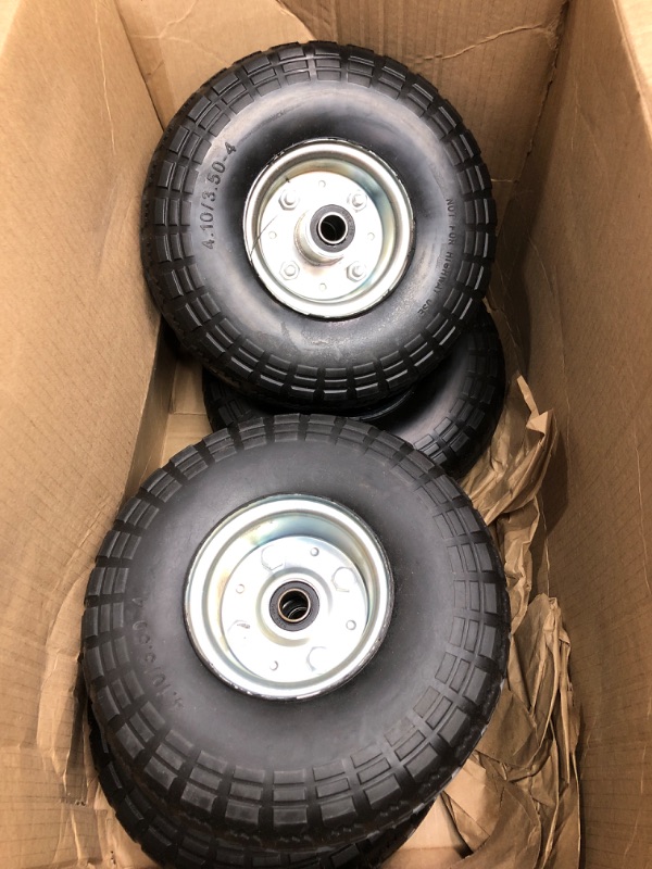 Photo 2 of 
4 Pack**GICOOL 4.10/3.50-4" Flat Free Tire and Wheel, 10" Solid Tire with 5/8" Axle Bore Hole, 2.2" Offset Hub for Hand Truck Garden Wagon Cart...
Size:10"