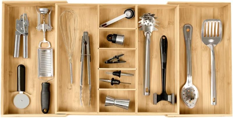 Photo 1 of Adjustable Kitchen Drawer Organizer for Utensils and Junk, Expandable to 33 Inches Wide, 9 Compartments, 100% Bamboo
