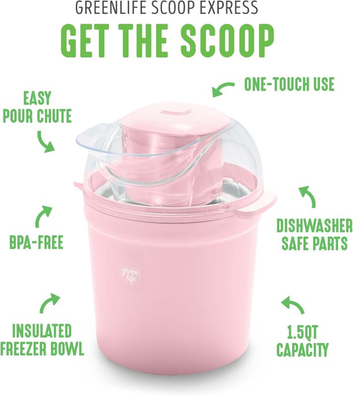 Photo 3 of (READ FULL POST) GreenLife 1.5QT Electric Ice Cream, Frozen Yogurt and Sorbet Maker with Mixing Paddle, Dishwasher Safe Parts, Easy one Switch, BPA-Free, Pink 1.5QT Pink