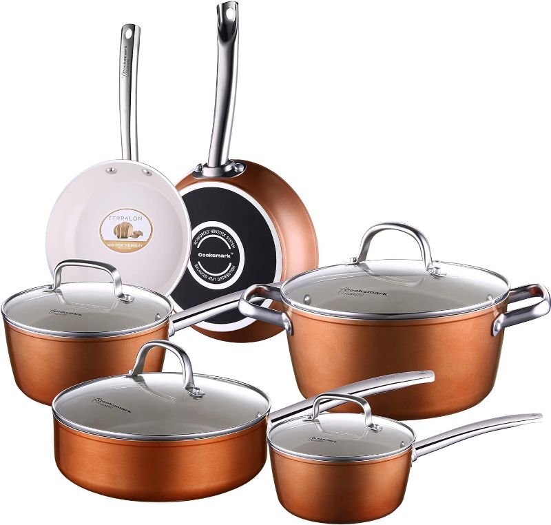 Photo 1 of 10-Piece Pots and Pans, White Ceramic Nonstick Copper Finish Cookware Set with Lids— Oven Suitable Dishwasher Suitable PFOA/PTFE Free