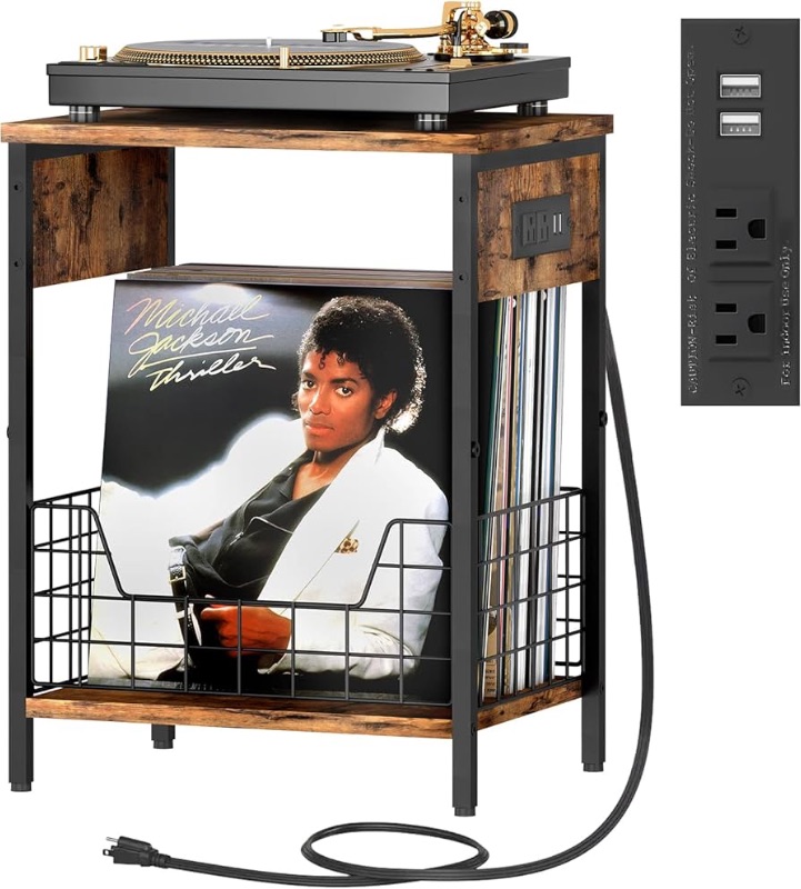 Photo 1 of 2-Tier Record Player Stand,Industrial Retro Record Player Table with Charging Station &USB Ports,Record Player Stand with Vinyl Storage,Small Table for Living Room Bedroom Small Spaces-Rustic Brown