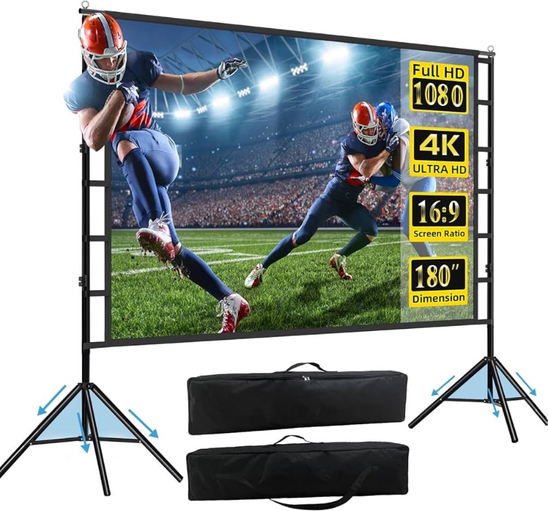 Photo 1 of 180 inch Projector Screen and Stand, 15FT Large Indoor Outdoor Movie Projection Screen 4K HD 16: 9 anti crease Design for Backyard Movie Night Easy to Clean, 1.1Gain, 160° Viewing Angle & A Carry Bag