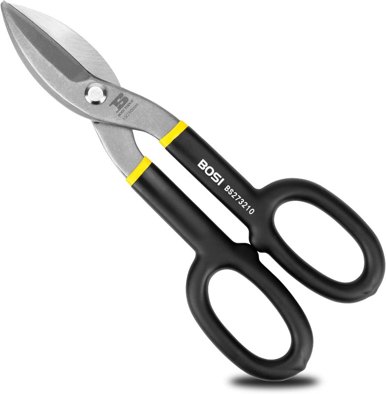 Photo 1 of 10 Inch Straight Pattern Tin Snips Metal Cutters, High Strength Forged and Heat Treated Carbon Steel with Comfortable Black Rubber Handle