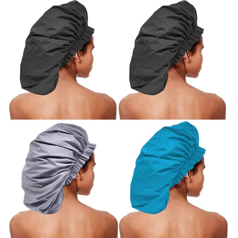 Photo 1 of 4 Pack Premium Collection Super Jumbo Shower Cap Extra Large Shower Caps for Braids Shower Bonnets Women Waterproof Hair Caps for Spa Salon Shower Hat (X-Large, Black,Black,Blue,Gray)
