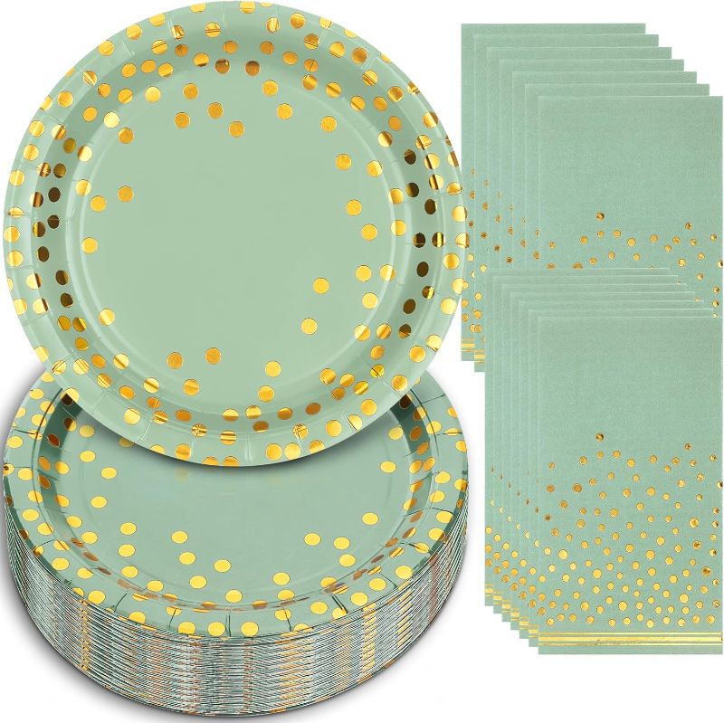 Photo 1 of 
Boocikey 100 Pcs Sage Green Party Decorations,Heavy Duty Paper Plates 10 Inch,Sage Green Paper Plates and Napkins with Gold Dots for Birthday Baby Shower Wedding,Serve 50