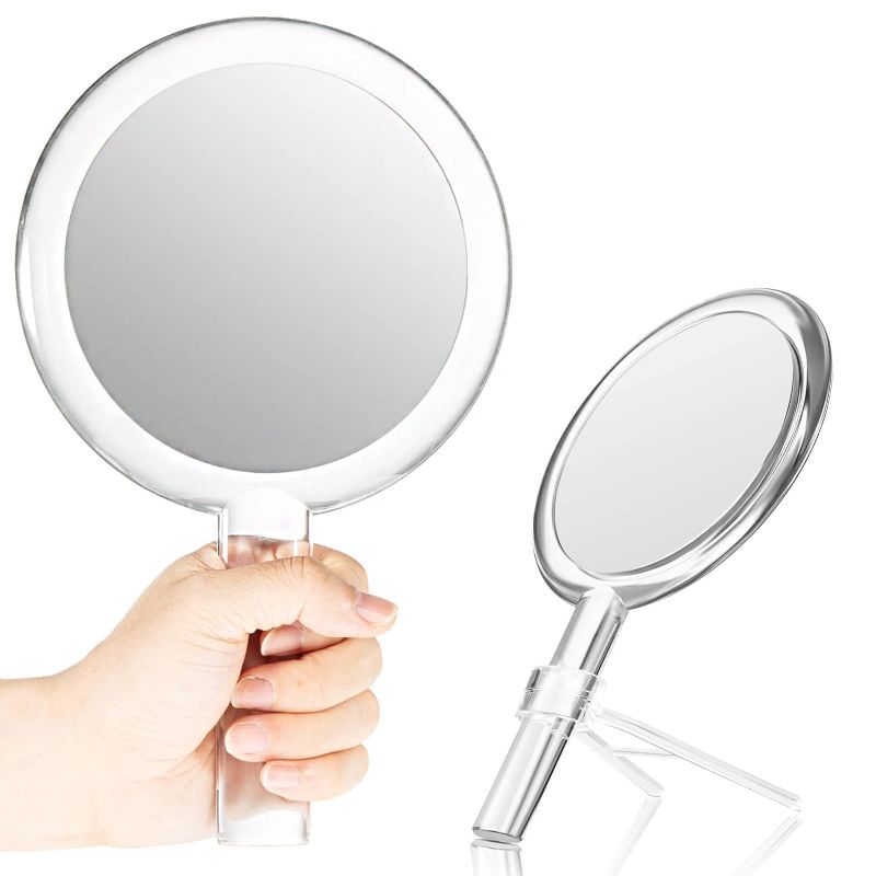 Photo 1 of 
Queekay Double-Sided Handheld Mirror with Stand, 1X/10X Magnifying Mirror, Clear Adjustable, Round Shape, 25.8 x 15 cm