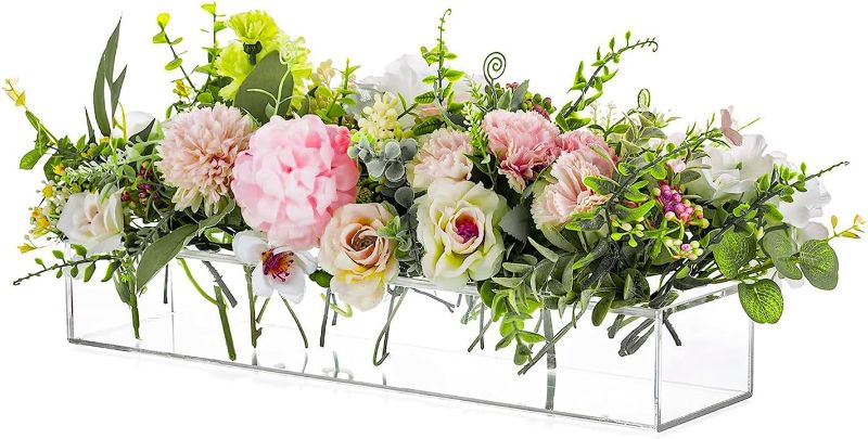 Photo 1 of 
Rectangular Acrylic Vases for Centerpieces, 16 Inches Long Floral Vase with Holes for Flowers, Clear Rectangle Box Tray for Roses Modern Flower Arranger for...