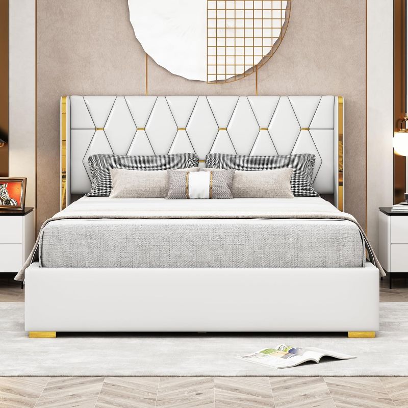 Photo 1 of **NONREFUNDABLE**FOR PARTS OR REPAIR**SEE NOTES**
Luxury Design Queen Size Upholstered Platform Bed with Metal Strips and Legs, PU Leather Platform Bed Frame with Wingback Headboard and Sturdy Slats Support for Bedroom Guest Room (Off-white, Queen)
